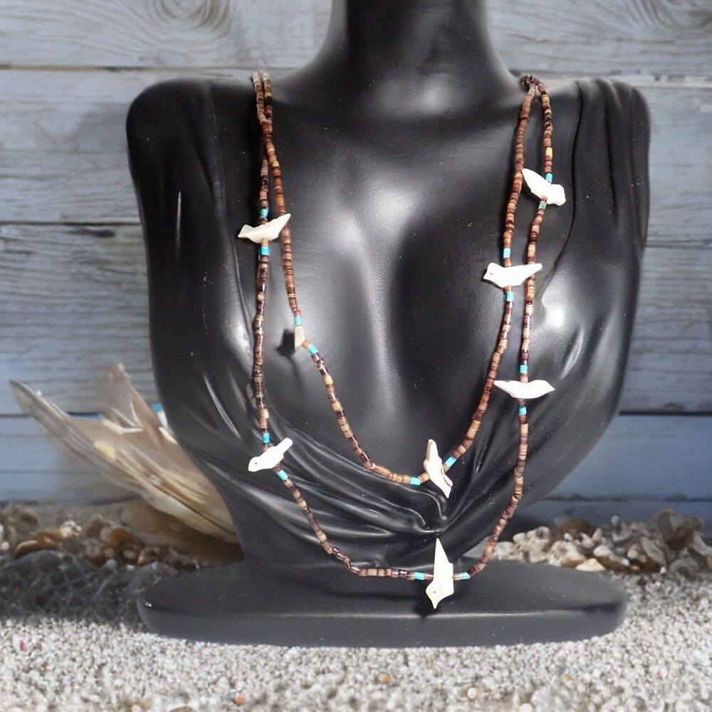 Zuni Mother of Pearl & Shell Bird Fetish Turquoise Bead 2 Strand .925 Necklace